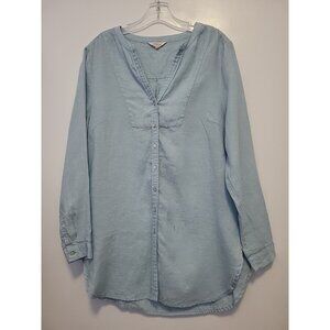 Sundance Linen Gabriella Tunic Top Petite Medium Blue V Neck Button Front